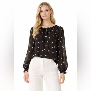 VELVET by GRAHAM & SPENCER Black Daisy Print Cotton Peasant Blouse